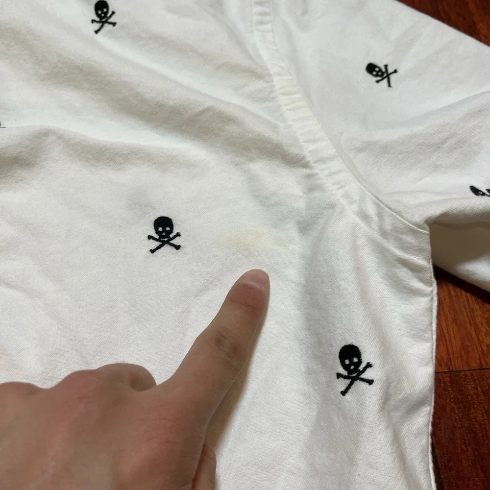 Ralph Lauren Shirt Mens Large Skull Crossbones Slim Workwear Short Slv AOP READ*